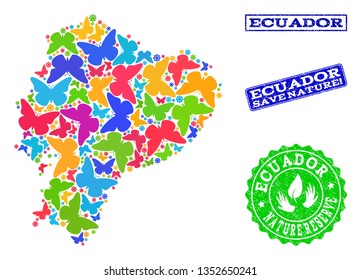 Eco friendly collage of bright mosaic map of Ecuador and textured seals with Save Nature text. Mosaic map of Ecuador designed with bright colored butterflies.