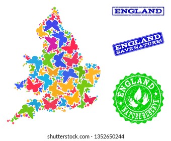 Eco friendly collage of bright mosaic map of England and corroded seals with Nature Reserve caption. Mosaic map of England constructed with bright colored butterflies.