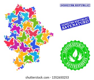 Eco friendly collage of bright mosaic map of Donetsk Republic and rubber seal stamps with Save Nature text. Mosaic map of Donetsk Republic constructed with multi-colored butterflies.