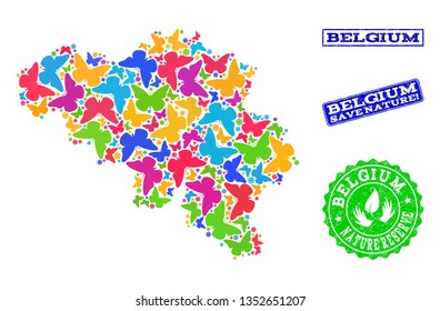 Eco friendly collage of bright mosaic map of Belgium and rubber seal stamps with Nature Reserve text. Mosaic map of Belgium constructed with bright colored butterflies.