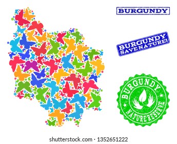 Eco friendly collage of bright mosaic map of Burgundy Province and rubber seal stamps with Nature Reserve text. Mosaic map of Burgundy Province designed with bright colored butterflies.