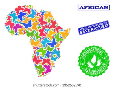 Eco friendly collage of bright mosaic map of Africa and rubber seals with Nature Reserve caption. Mosaic map of Africa constructed with bright colored butterflies.