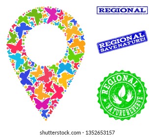 Eco friendly collage of bright mosaic local map marker and rubber seal stamps with Save Nature text. Mosaic local map marker designed with colorful butterflies.