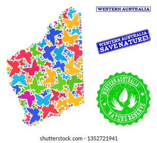 Eco friendly collage of bright mosaic map of Western Australia and grunge seals with Save Nature text. Mosaic map of Western Australia constructed with bright colored butterflies.