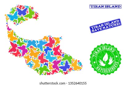 Eco friendly combination of bright mosaic map of Tiran Island and rubber seals with Nature Reserve caption. Mosaic map of Tiran Island designed with colorful butterflies.
