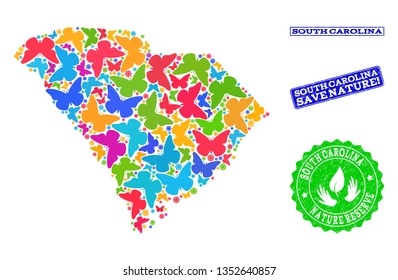 Eco friendly combination of bright mosaic map of South Carolina State and rubber seals with Nature Reserve text. Mosaic map of South Carolina State designed with colorful butterflies.