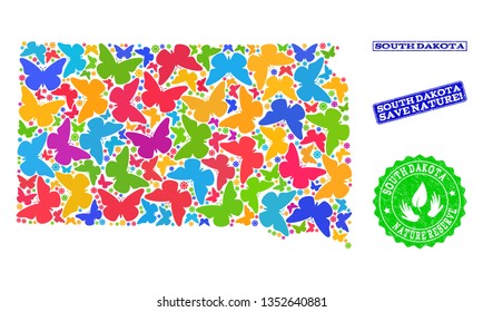 Eco friendly combination of bright mosaic map of South Dakota State and unclean seal stamps with Nature Reserve caption. Mosaic map of South Dakota State designed with bright colored butterflies.