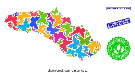 Eco friendly combination of bright mosaic map of Sumba Island and dirty seal stamps with Save Nature caption. Mosaic map of Sumba Island designed with bright colored butterflies.