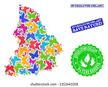 Eco friendly combination of bright mosaic map of Sverdlovsk Region and textured seals with Save Nature text. Mosaic map of Sverdlovsk Region designed with bright colored butterflies.