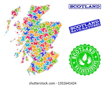 Eco friendly combination of bright mosaic map of Scotland and grunge seal stamps with Save Nature text. Mosaic map of Scotland designed with colorful butterflies.