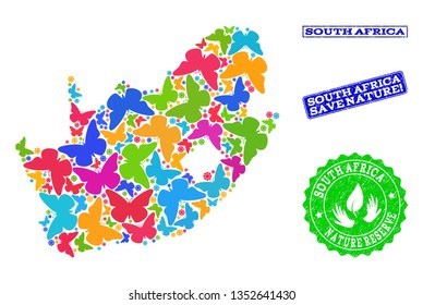 Eco friendly combination of bright mosaic map of South African Republic and unclean seal stamps with Save Nature caption.