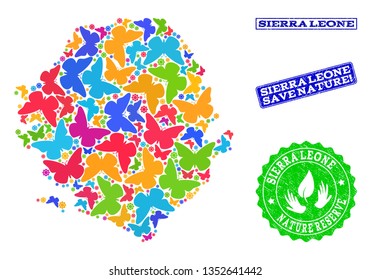 Eco friendly combination of bright mosaic map of Sierra Leone and textured seals with Save Nature caption. Mosaic map of Sierra Leone constructed with colorful butterflies.