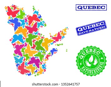 Eco friendly combination of bright mosaic map of Quebec Province and rubber stamps with Nature Reserve text. Mosaic map of Quebec Province designed with multi-colored butterflies.