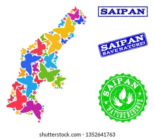 Eco friendly combination of bright mosaic map of Saipan Island and rubber seals with Save Nature text. Mosaic map of Saipan Island designed with bright colored butterflies.