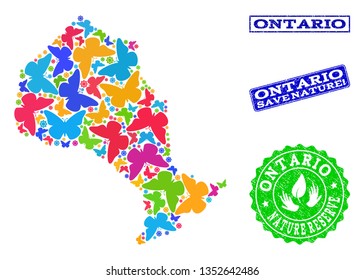 Eco friendly combination of bright mosaic map of Ontario Province and rubber seals with Nature Reserve caption. Mosaic map of Ontario Province designed with bright colored butterflies.