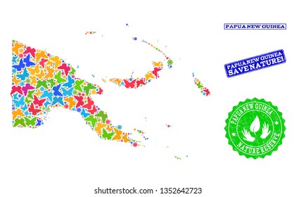 Eco friendly combination of bright mosaic map of Papua New Guinea and corroded stamps with Save Nature caption. Mosaic map of Papua New Guinea constructed with bright colored butterflies.