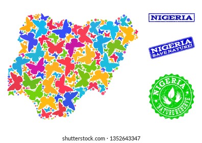 Eco friendly combination of bright mosaic map of Nigeria and scratched stamps with Save Nature caption. Mosaic map of Nigeria designed with bright colored butterflies.