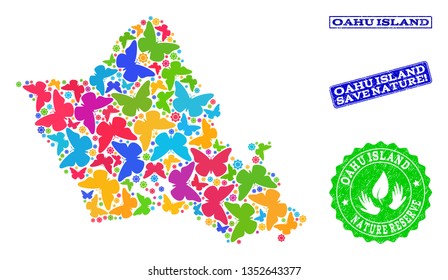 Eco friendly combination of bright mosaic map of Oahu Island and unclean seals with Save Nature caption. Mosaic map of Oahu Island designed with bright colored butterflies.