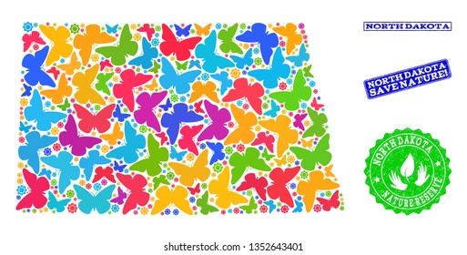 Eco friendly combination of bright mosaic map of North Dakota State and grunge seal stamps with Nature Reserve text. Mosaic map of North Dakota State designed with multi-colored butterflies.