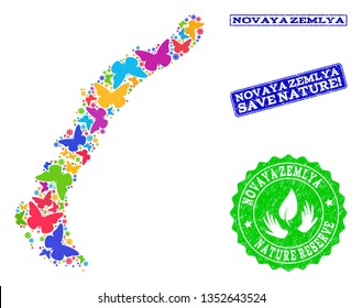 Eco friendly combination of bright mosaic map of Novaya Zemlya Islands and rubber seal stamps with Nature Reserve caption.