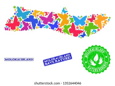 Eco friendly combination of bright mosaic map of Molokai Island and scratched seal stamps with Nature Reserve text. Mosaic map of Molokai Island designed with multi-colored butterflies.