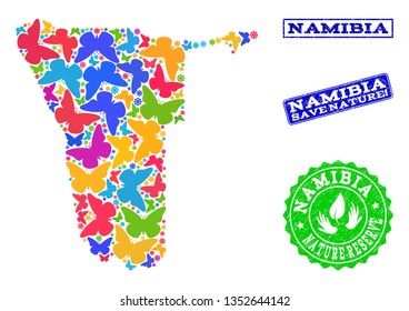 Eco friendly combination of bright mosaic map of Namibia and unclean seal stamps with Nature Reserve text. Mosaic map of Namibia designed with multi-colored butterflies.