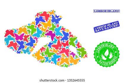 Eco friendly combination of bright mosaic map of Lesbos Island and rubber seal stamps with Nature Reserve text. Mosaic map of Lesbos Island constructed with colorful butterflies.