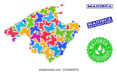 Eco friendly combination of bright mosaic map of Majorca and dirty seals with Save Nature text. Mosaic map of Majorca constructed with multi-colored butterflies.