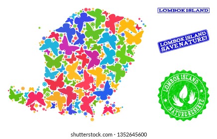 Eco friendly combination of bright mosaic map of Lombok Island and rubber seal stamps with Nature Reserve caption. Mosaic map of Lombok Island designed with bright colored butterflies.