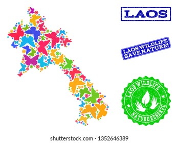 Eco friendly combination of bright mosaic map of Laos and rubber seals with Nature Reserve text. Mosaic map of Laos constructed with multi-colored butterflies.