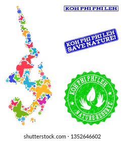 Eco friendly combination of bright mosaic map of Koh Phi Leh and unclean seal stamps with Nature Reserve text. Mosaic map of Koh Phi Leh designed with bright colored butterflies.
