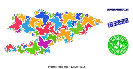 Eco friendly combination of bright mosaic map of Kyrgyzstan and corroded seals with Save Nature text. Mosaic map of Kyrgyzstan designed with bright colored butterflies.