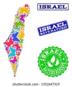 Eco friendly combination of bright mosaic map of Israel and rubber seal stamps with Nature Reserve caption. Mosaic map of Israel designed with bright colored butterflies.