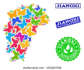 Eco friendly combination of bright mosaic Map of Jiangxi Province and textured stamps with Save Nature text. Mosaic Map of Jiangxi Province designed with bright colored butterflies.