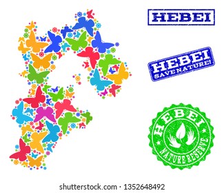 Eco friendly combination of bright mosaic map of Hebei Province and dirty seals with Save Nature caption. Mosaic map of Hebei Province constructed with bright colored butterflies.