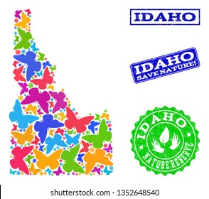 Eco friendly combination of bright mosaic map of Idaho State and rubber seal stamps with Nature Reserve caption. Mosaic map of Idaho State constructed with bright colored butterflies.