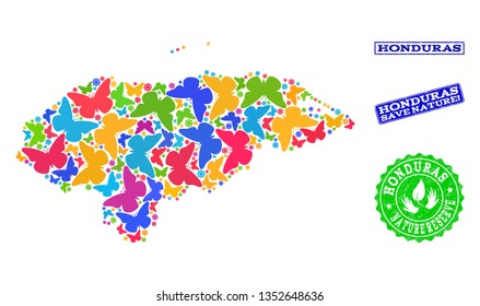 Eco friendly combination of bright mosaic map of Honduras and rubber stamps with Nature Reserve caption. Mosaic map of Honduras designed with bright colored butterflies.