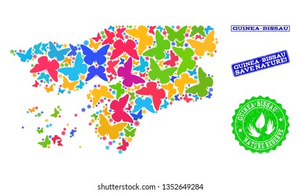 Eco friendly combination of bright mosaic map of Guinea-Bissau and corroded seals with Save Nature caption. Mosaic map of Guinea-Bissau constructed with bright colored butterflies.