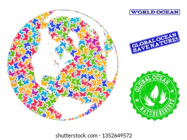 Eco friendly combination of bright mosaic map of global ocean and grunge stamps with Nature Reserve text. Mosaic map of global ocean constructed with colorful butterflies.