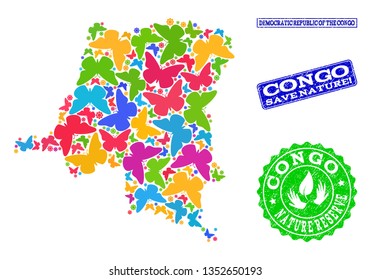 Eco friendly combination of bright mosaic map of Democratic Republic of the Congo and dirty stamps with Nature Reserve caption.