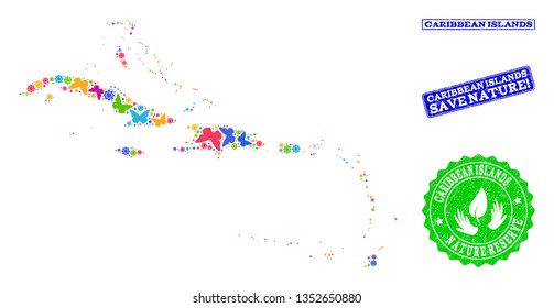 Eco friendly combination of bright mosaic map of Caribbean Islands and rubber seal stamps with Save Nature text. Mosaic map of Caribbean Islands designed with bright colored butterflies.