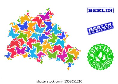 Eco friendly combination of bright mosaic map of Berlin City and rubber seal stamps with Nature Reserve caption. Mosaic map of Berlin City designed with bright colored butterflies.