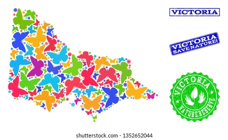 Eco friendly combination of bright mosaic map of Australian Victoria and grunge seals with Nature Reserve text. Mosaic map of Australian Victoria constructed with multi-colored butterflies.
