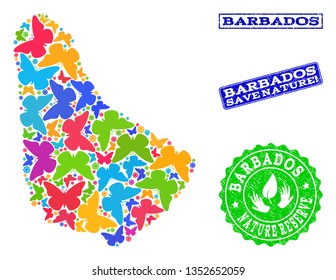 Eco friendly combination of bright mosaic map of Barbados and dirty stamps with Nature Reserve text. Mosaic map of Barbados constructed with bright colored butterflies.