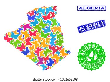 Eco friendly combination of bright mosaic map of Algeria and rubber seals with Nature Reserve caption. Mosaic map of Algeria constructed with bright colored butterflies.