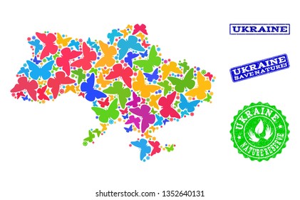 Eco friendly composition of bright mosaic map of Ukraine and grunge seal stamps with Nature Reserve text. Mosaic map of Ukraine constructed with bright colored butterflies.