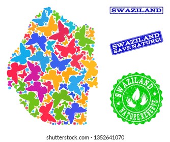Eco friendly composition of bright mosaic map of Swaziland and unclean seals with Nature Reserve text. Mosaic map of Swaziland constructed with colorful butterflies.