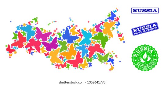 Eco friendly composition of bright mosaic map of Russia and rubber seal stamps with Nature Reserve text. Mosaic map of Russia constructed with colorful butterflies.
