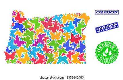 Eco friendly composition of bright mosaic map of Oregon State and corroded seals with Save Nature text. Mosaic map of Oregon State designed with bright colored butterflies.