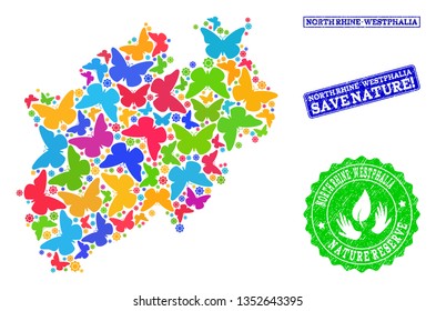 Eco friendly composition of bright mosaic map of North Rhine-Westphalia State and unclean seals with Nature Reserve text.